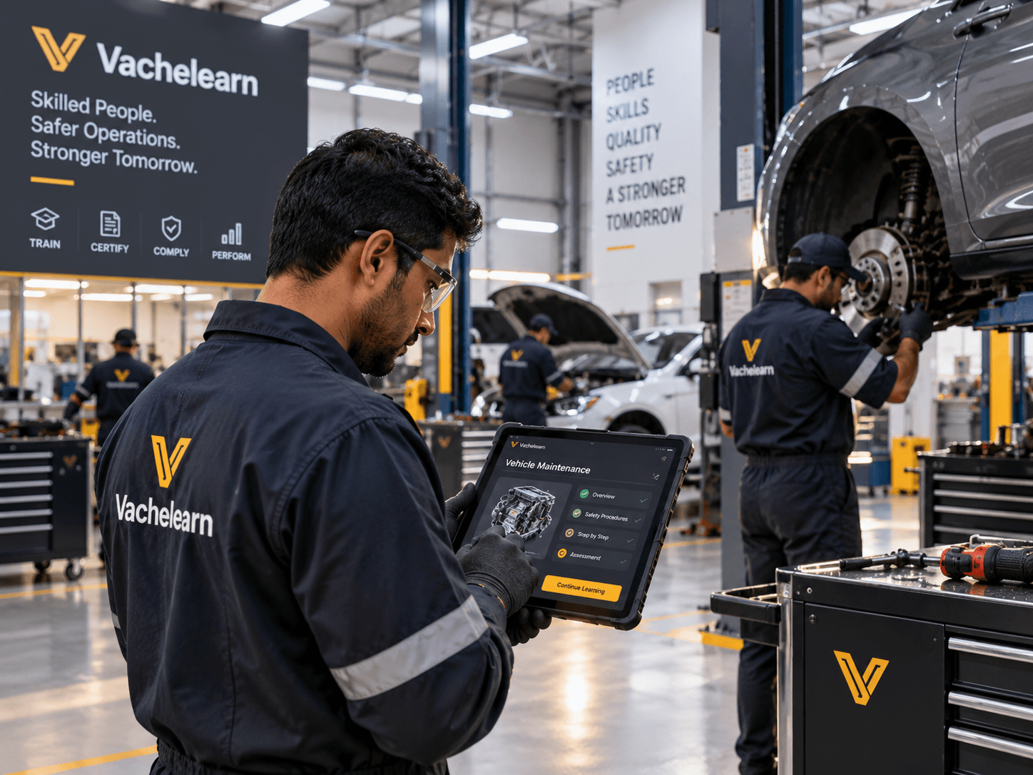 Technician performing quality inspection on a vehicle assembly line