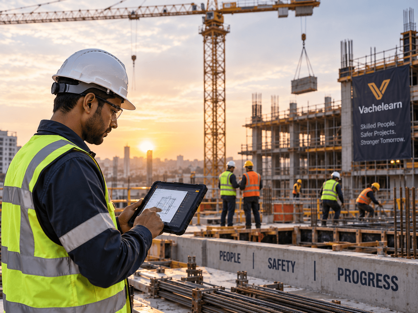 Site supervisor reviewing plans at a construction site
